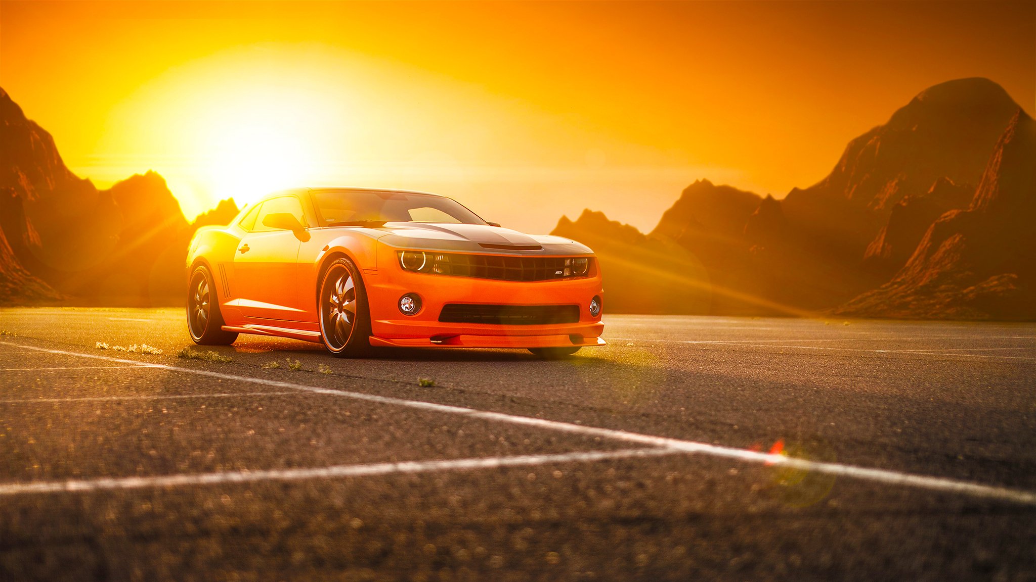 chevrolet camaro ss orange muscle voiture roue tuning soleil largeur avant puissance