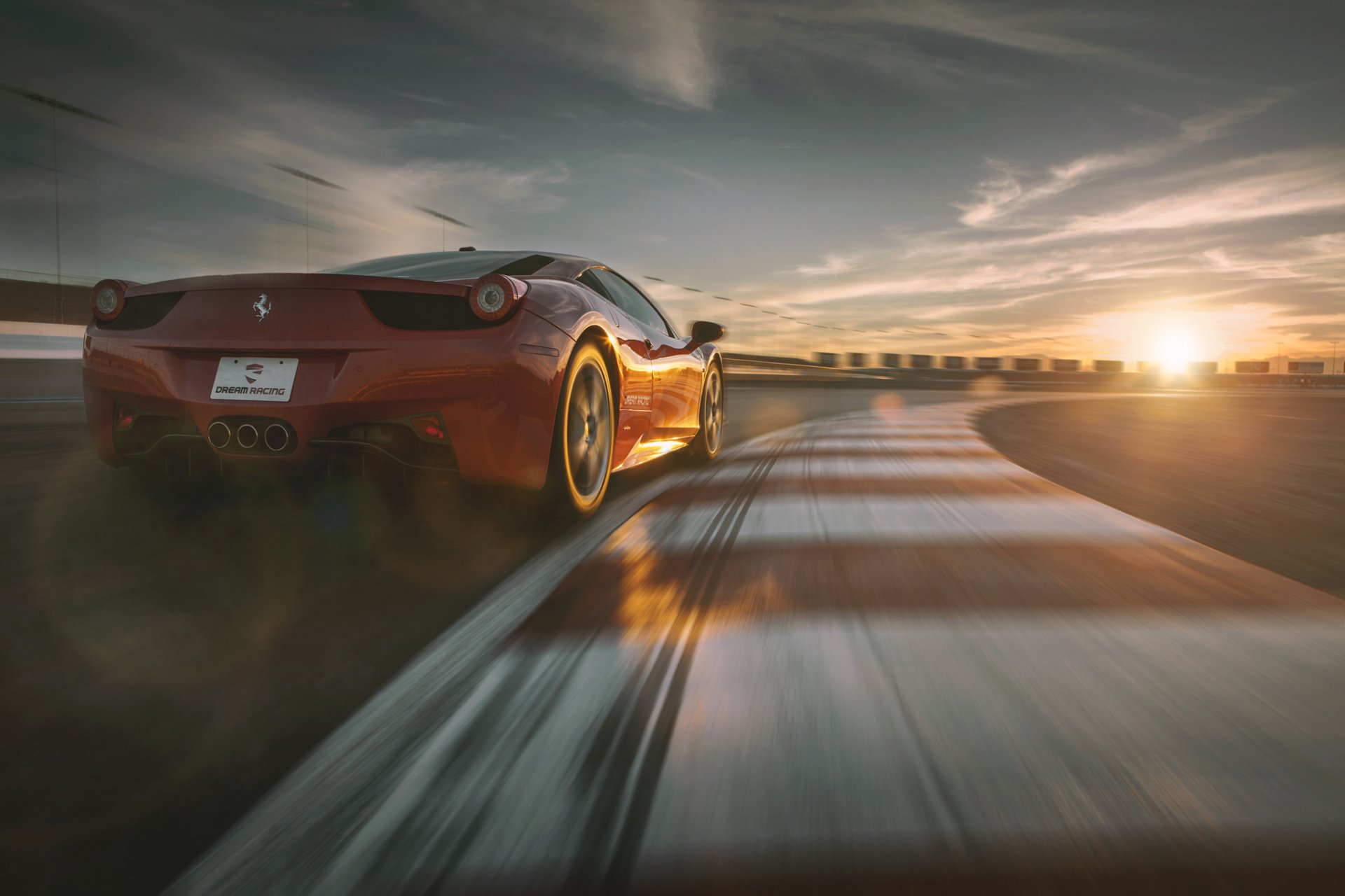 ferrari italia rêve sport supercar rouge arrière piste soleil ciel