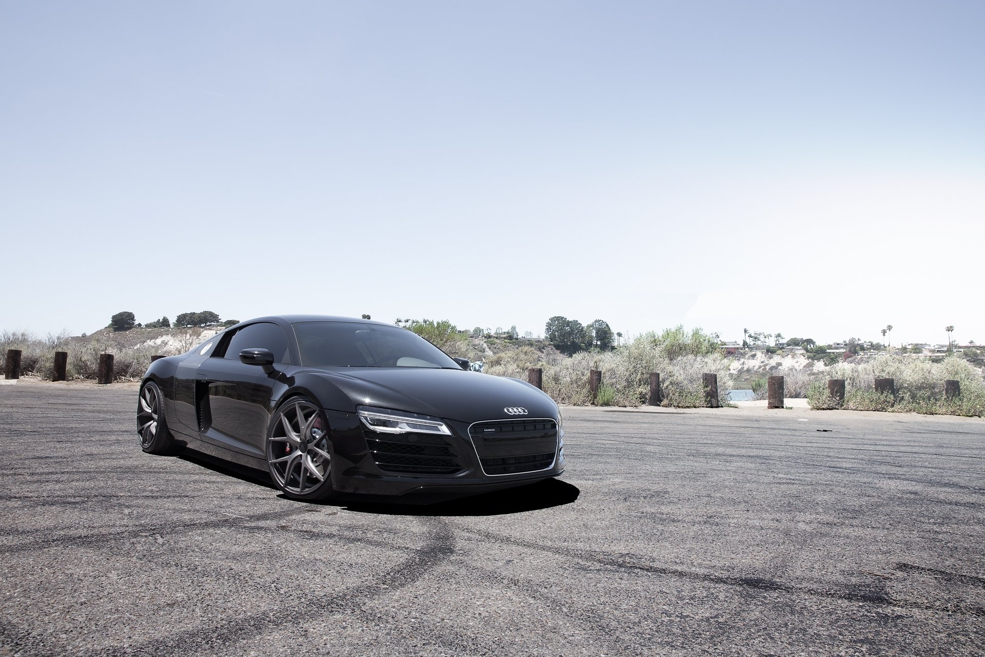 audi r8 black audi p8 front view sky tree