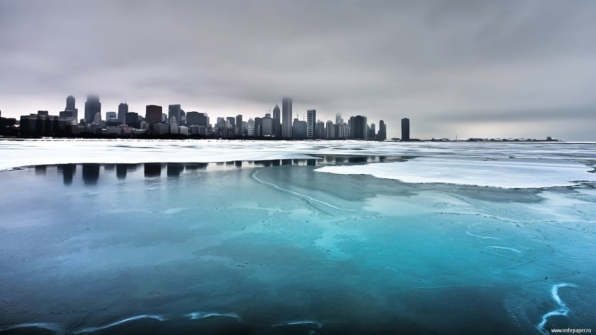 stadt metropole winter chicago see eis himmel wasser hochhäuser nebel wolken