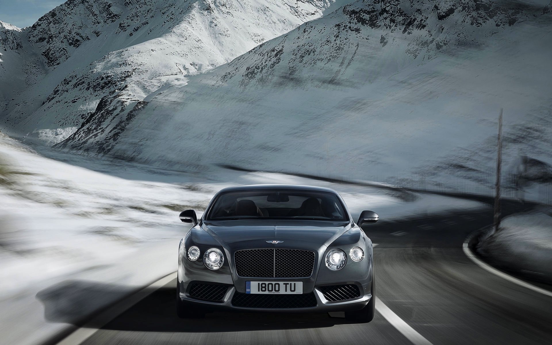 bentley continental v8 range grey silver winter front road snow machine