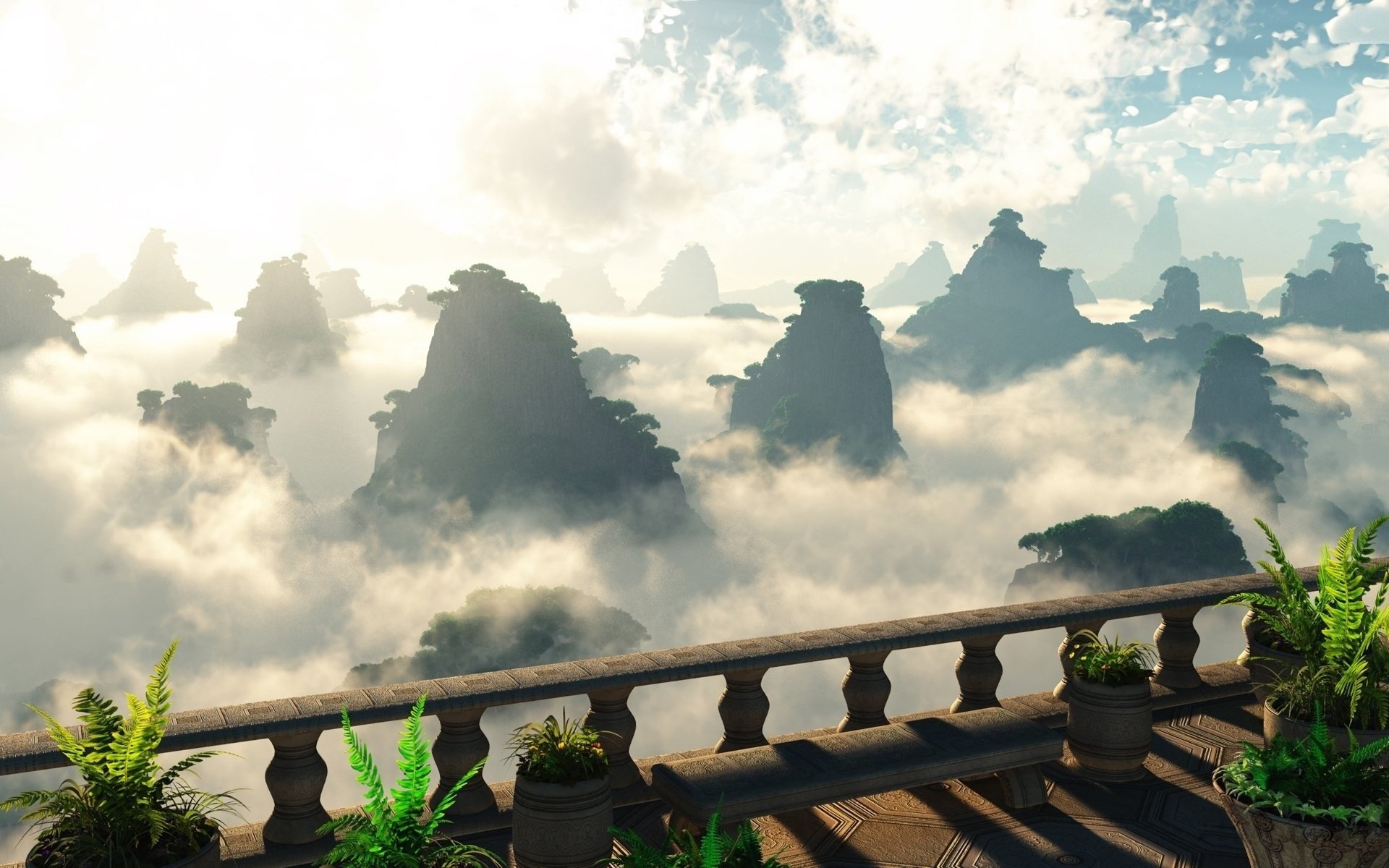 nuvole rocce balcone ringhiera verde alberi montagna foglie vapore cielo scogliera