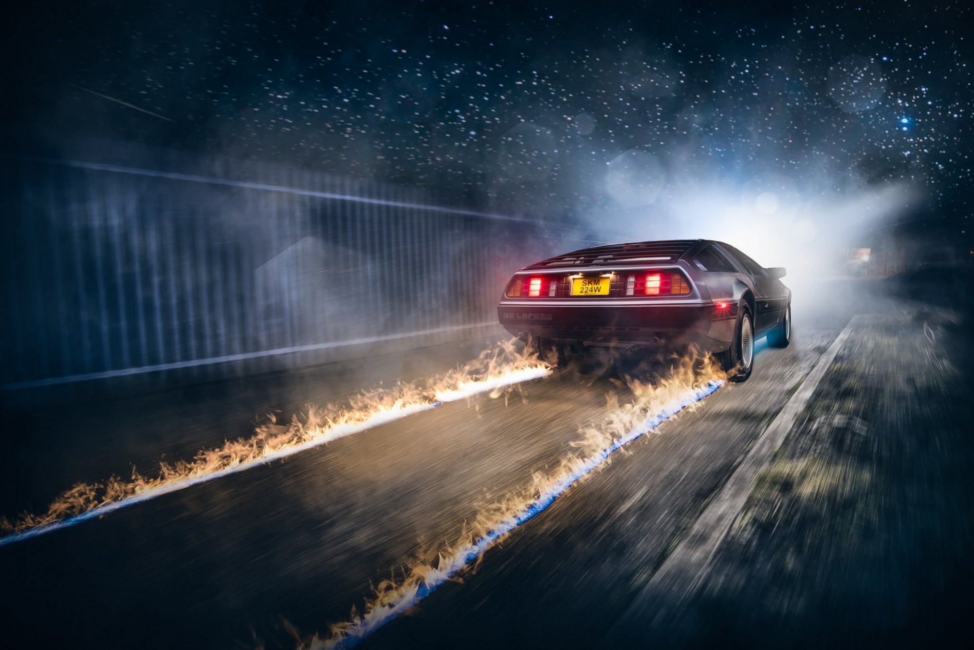 delorean dmc-12 fuoco auto nigth luce posteriore ritorno al futuro