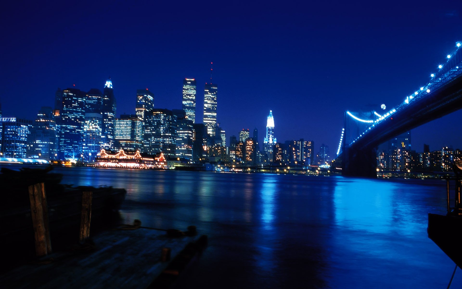 city night lights bridge river new york skyscrapers metropolis night sky city lights twin towers new york world trade center twin tower