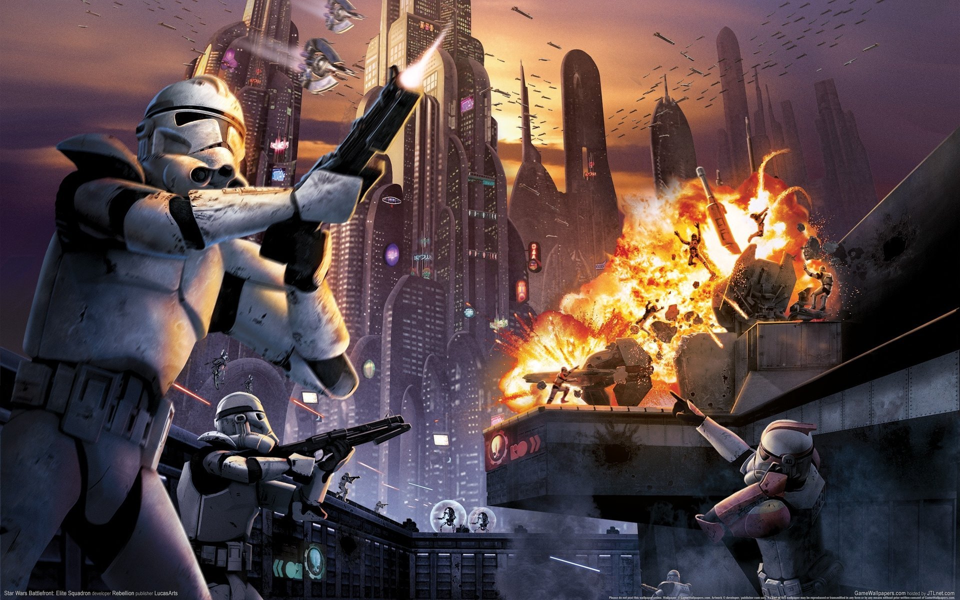 tar wars víctimas battlefront elite squadron star wars clones guerra caos explosión fuego ametralladoras aviones edificios soldados ciudad fragmentos películas