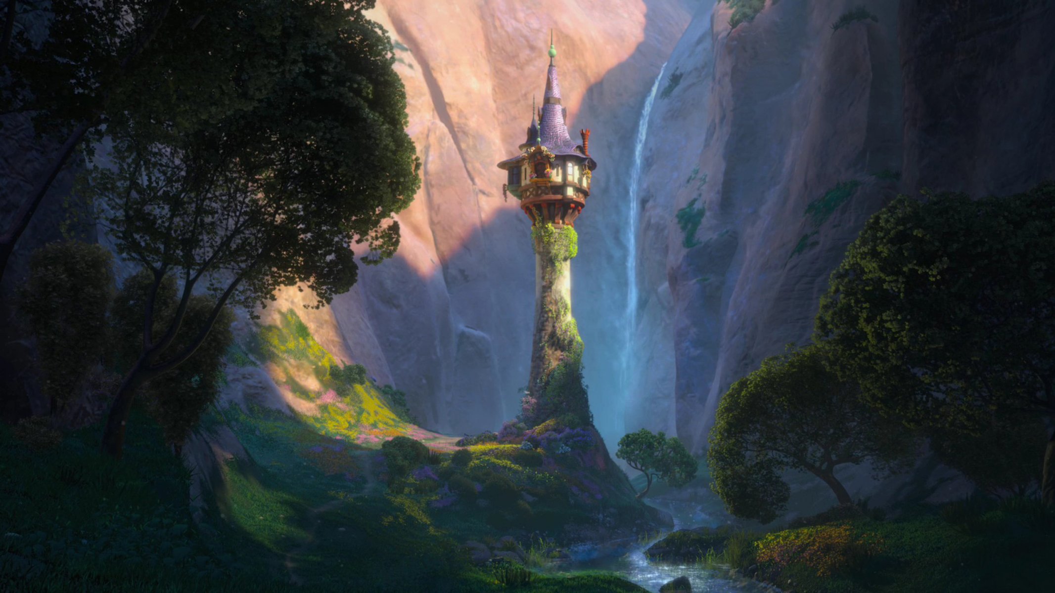 princesse rapunzel rapunzel histoire confuse tangled montagnes collines dessin animé forêt arbres rivière cascade nature pilier maison dessins anime