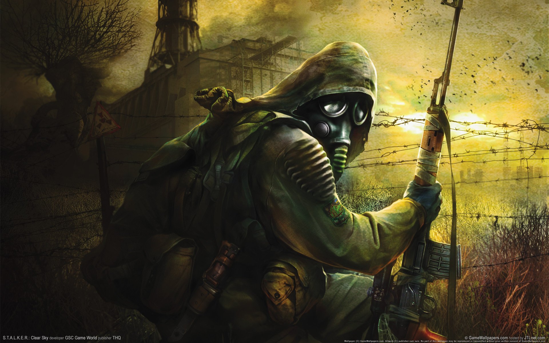 clear skies stalker area anomalies chernobyl pripyat costume the game hero machine birds drawings anime men shooter