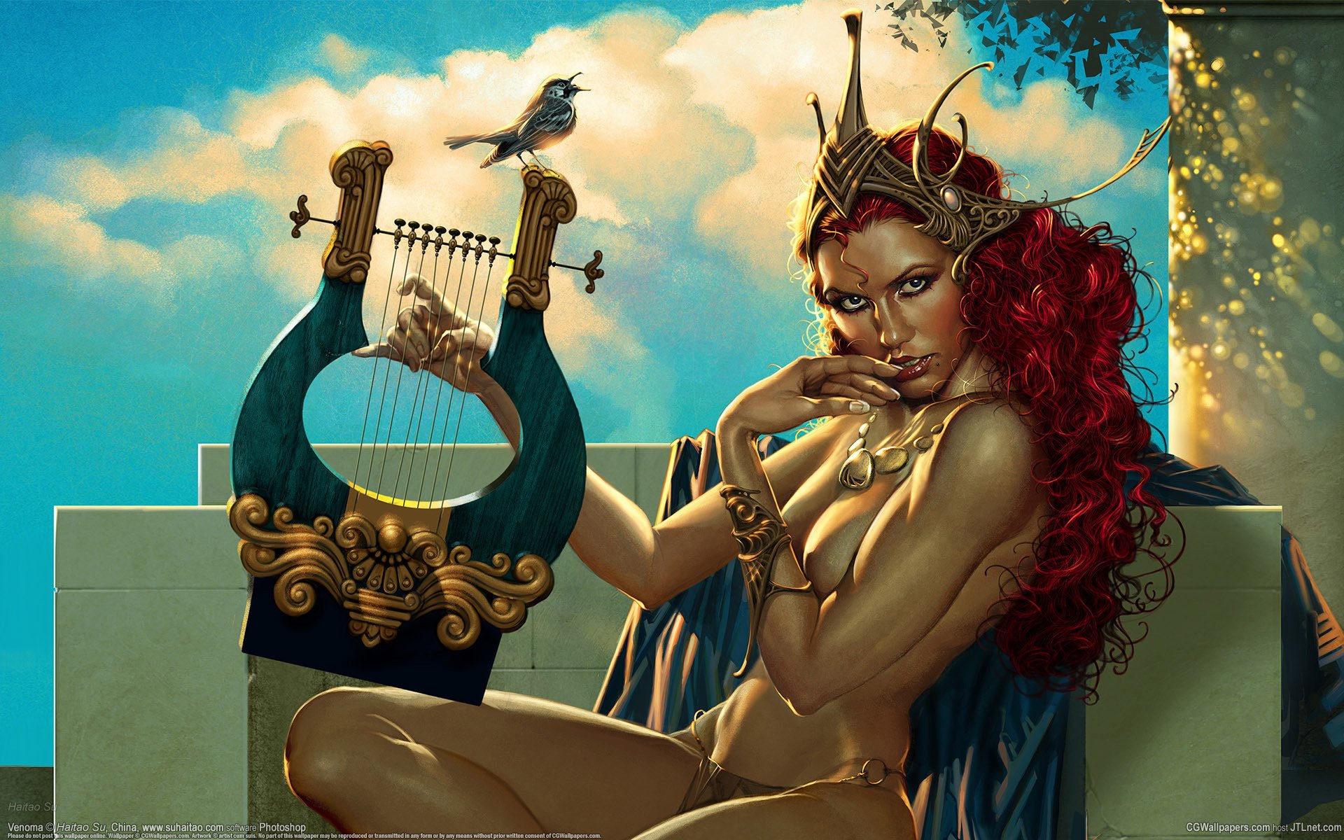 venoma redhead haitao su diadema girl harp chest clouds bird curls necklace look erotic sexy