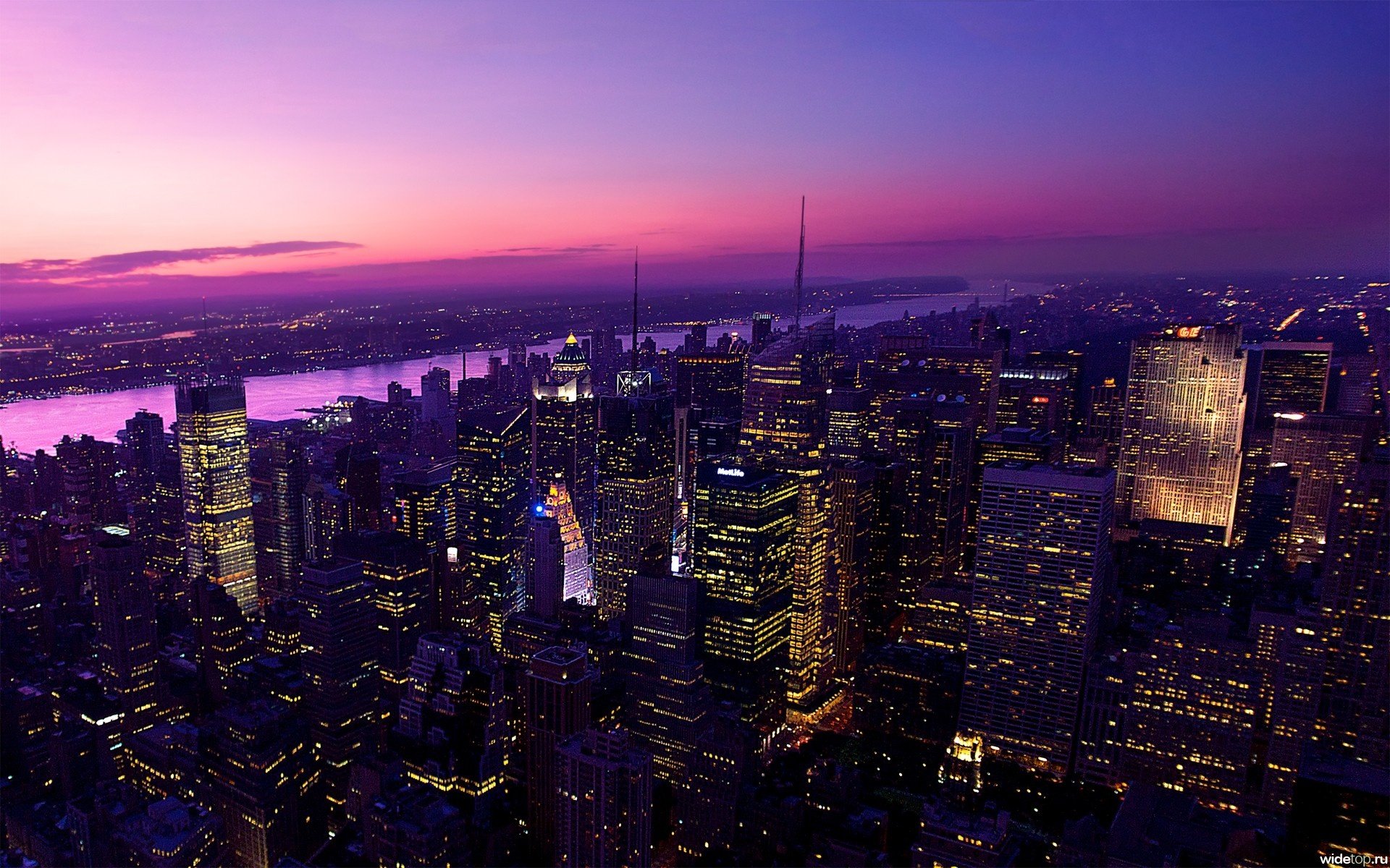 nueva york rascacielos ciudad cielo río luces cielo rosa metrópolis noche cielo nocturno luces de la ciudad