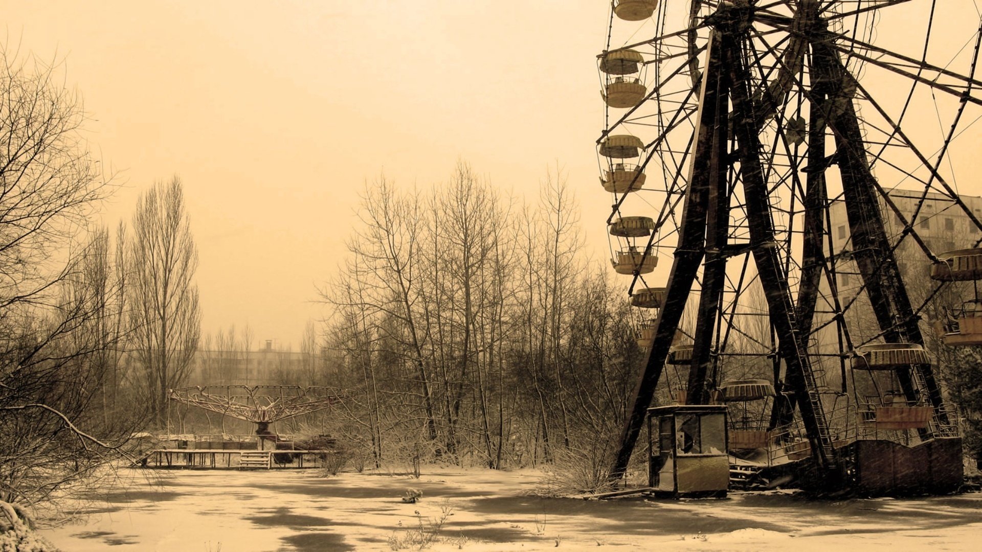 ferris wheel deserted place chernobyl pripyat area mediocrity forest attractions snow winter the city girl loneline