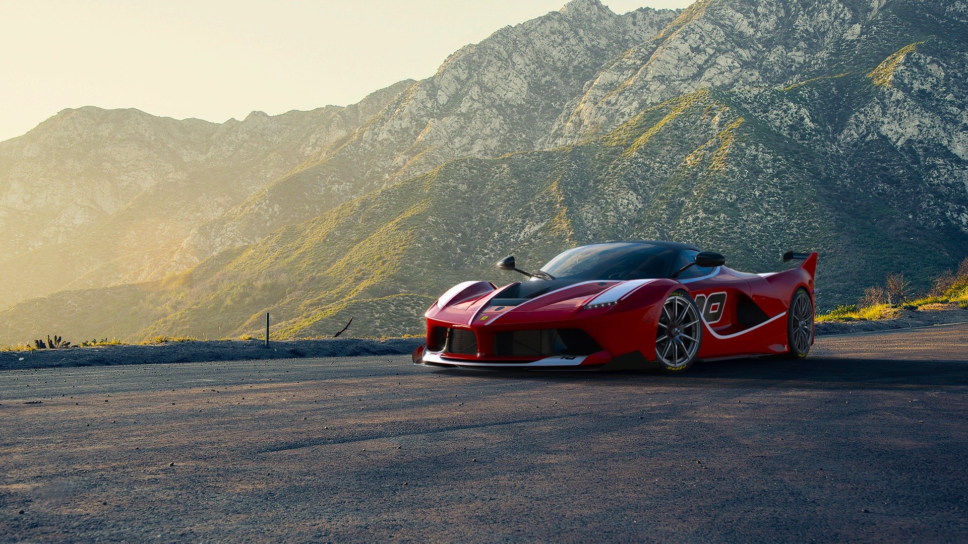 ferrari fxx k corsa supercar rosso sole tramonto montagna strada anteriore