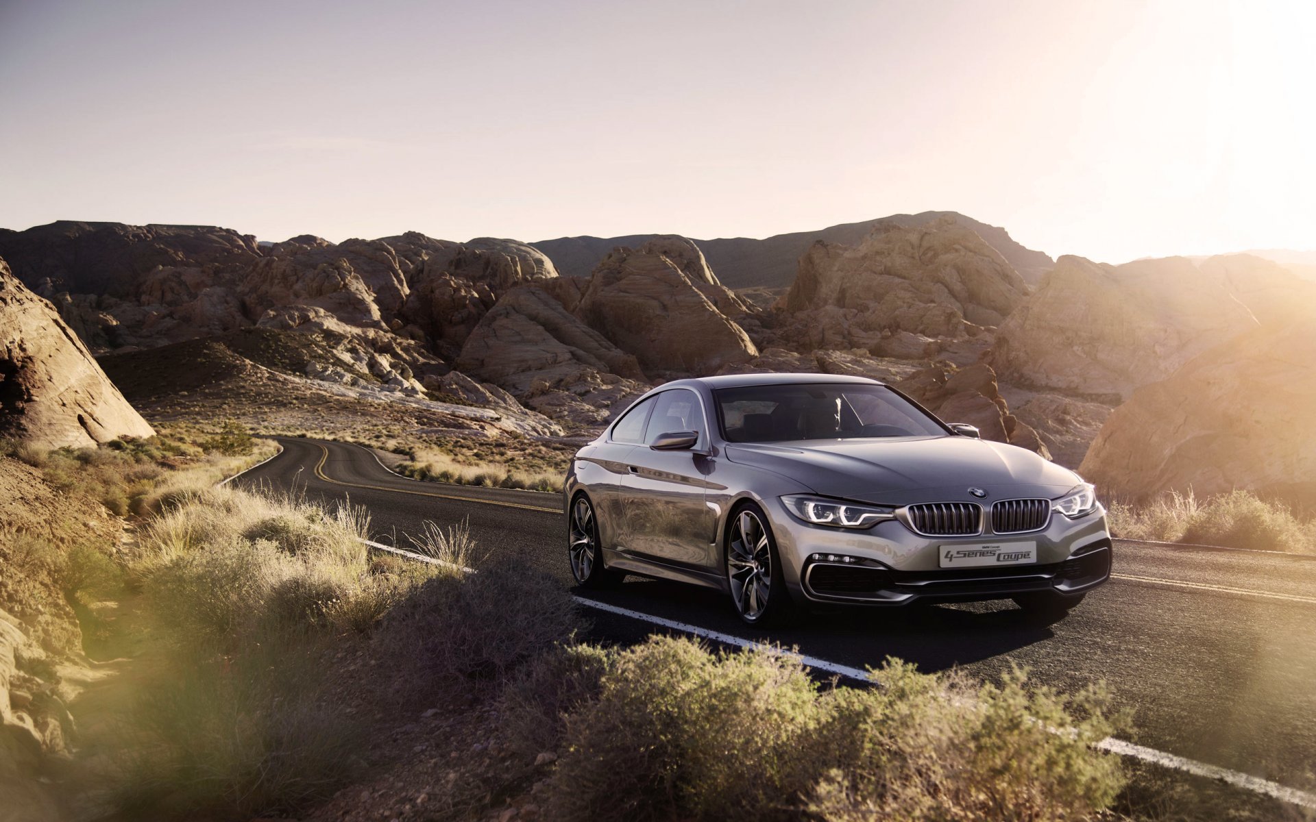 bmw serie 4 auto coche bmw plata gris resplandor carretera desierto concepto