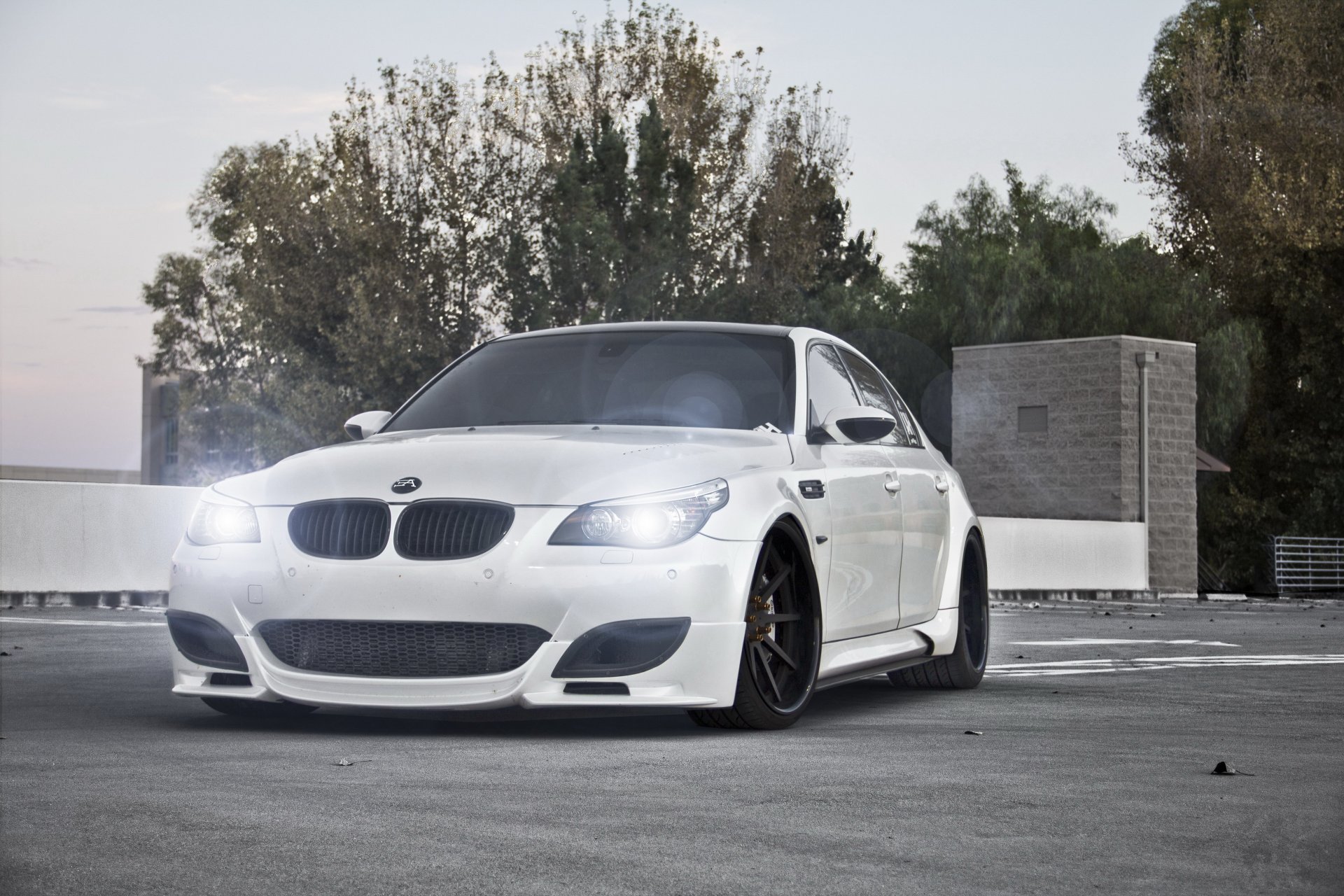 bmw m5 e60 blanc bmw phares lumière arbres