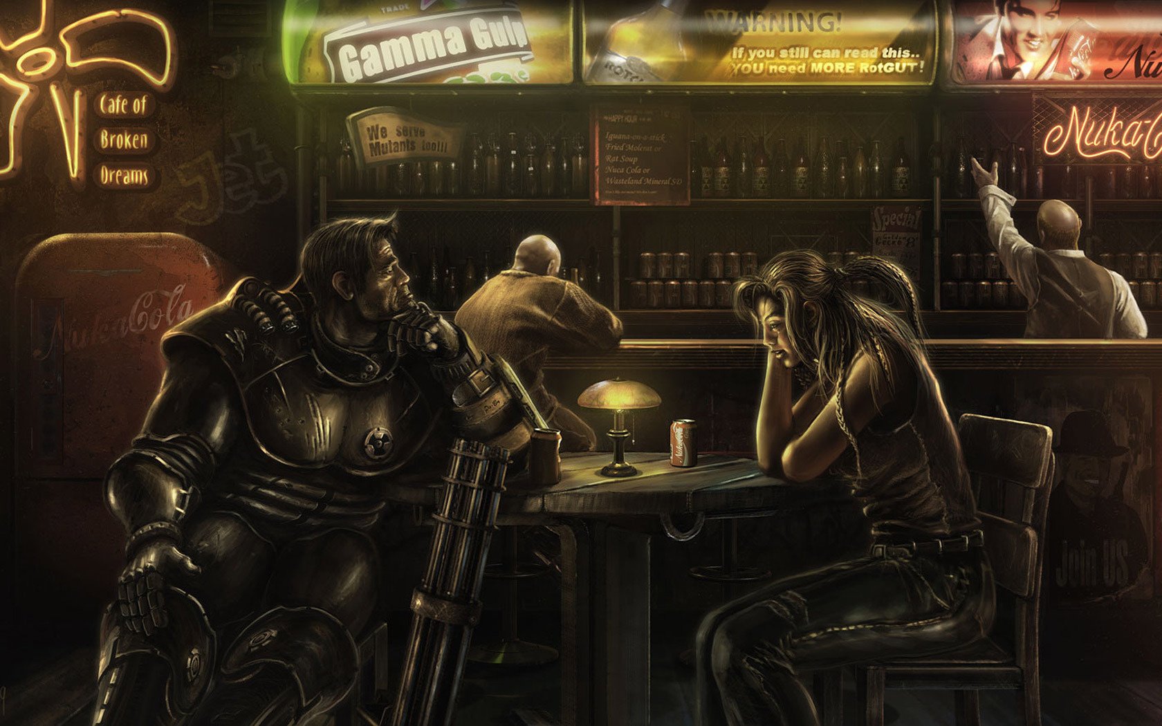 fallout minigun cafe of broken dreams sztuka mężczyzna bar kobieta gra alkohol stół broń lampa