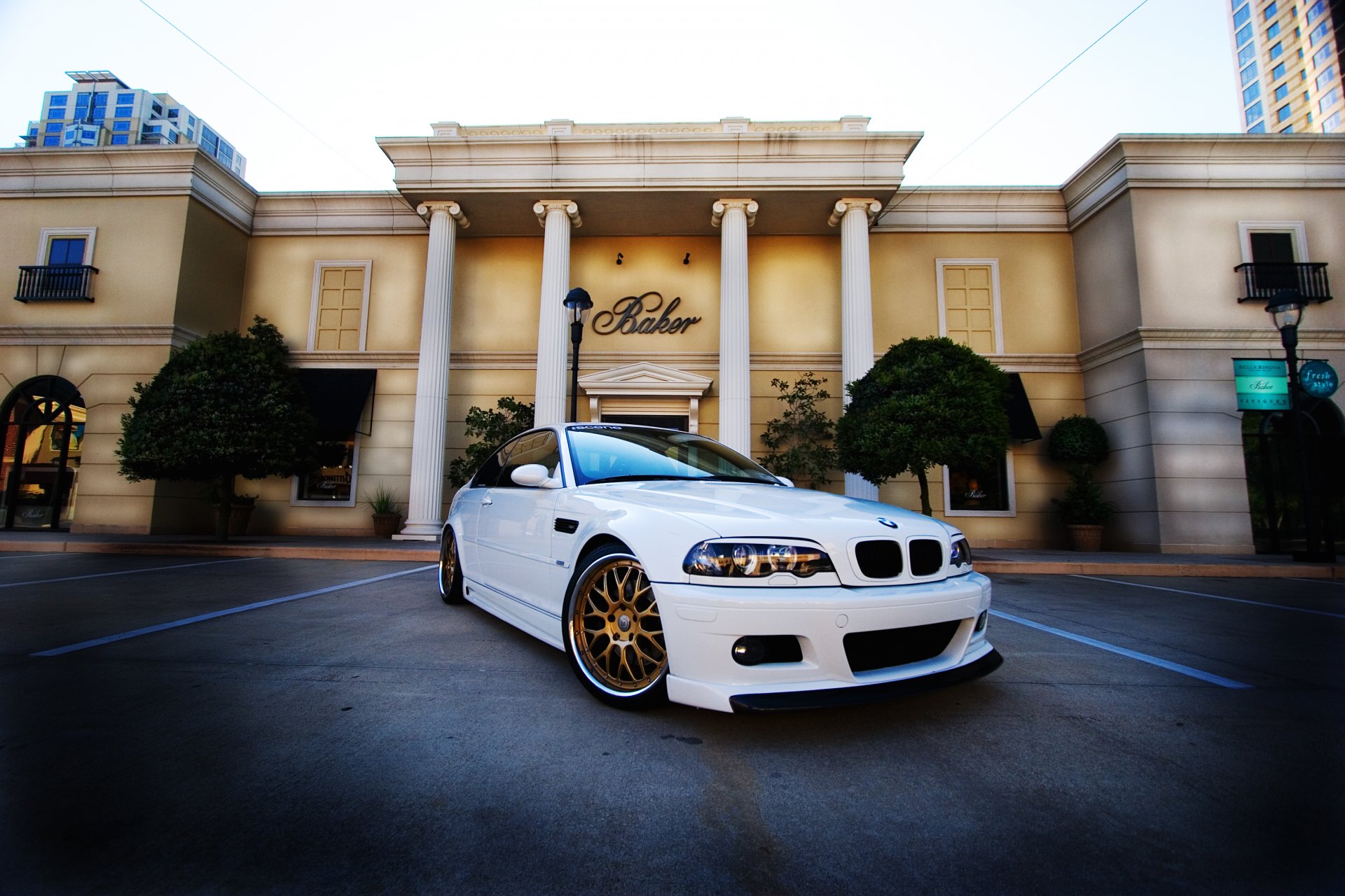 bmw m3 e46 white bmw building columns sky