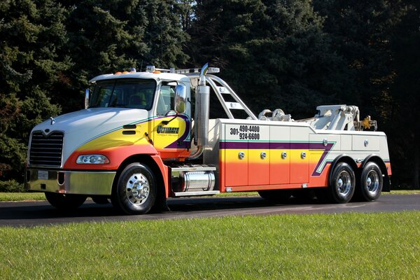 Camion spécial lumineux conduisant à travers la forêt