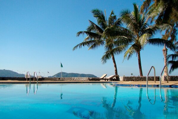 Luxuriöse Aussicht: Sonne, Pool, Palmen, Steine, Berge und Bäume