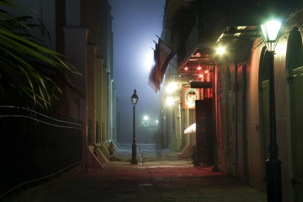 Lantern on a city street at night