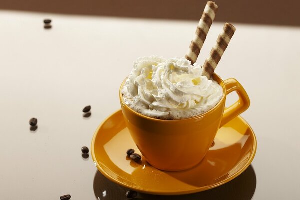 Beautiful dessert in a yellow mug