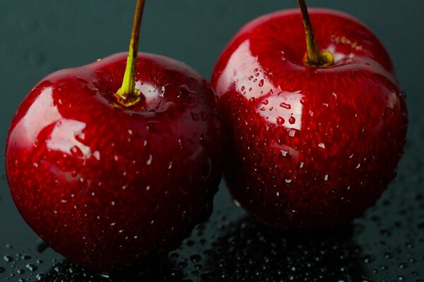 Fruits de baies de cerise avec des gouttes d eau dans l augmentation