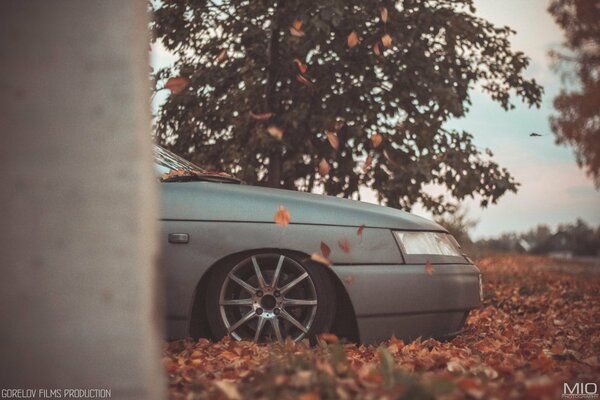 The car is parked in nature near trees