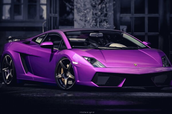 Pink lamborghini on a black and white background