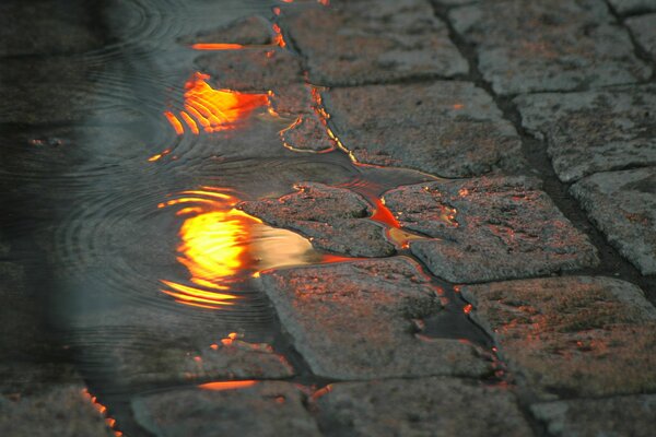 Puddle with glare on the street pavement