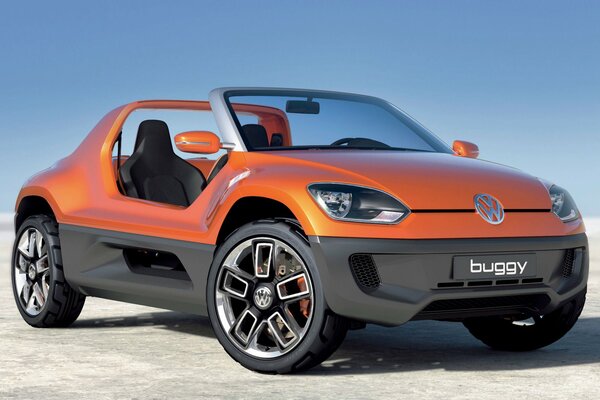 Dark orange volkswagen buggy car on a blue sky background