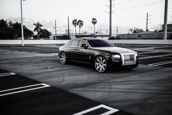 Rolls Royce in bianco e nero in un parcheggio con palme