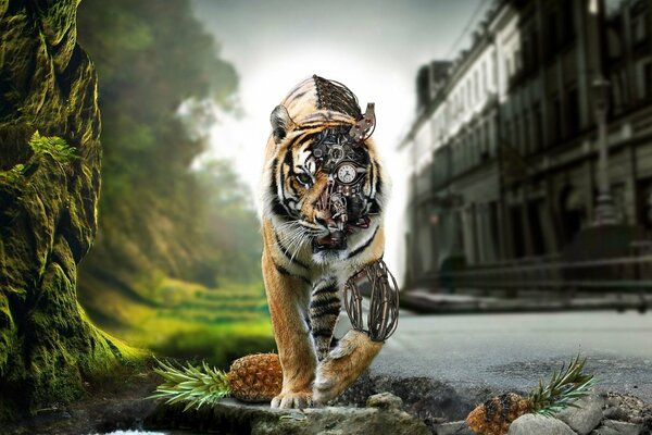 Tiger cyborg goes to the jungle city