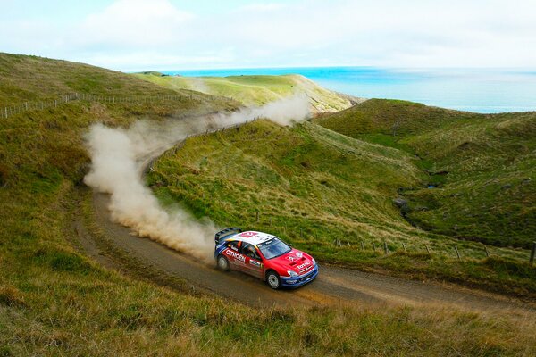 Auto-Rallye. Ein Auto, das mit rasender Geschwindigkeit einen Hügel hinabsteigt