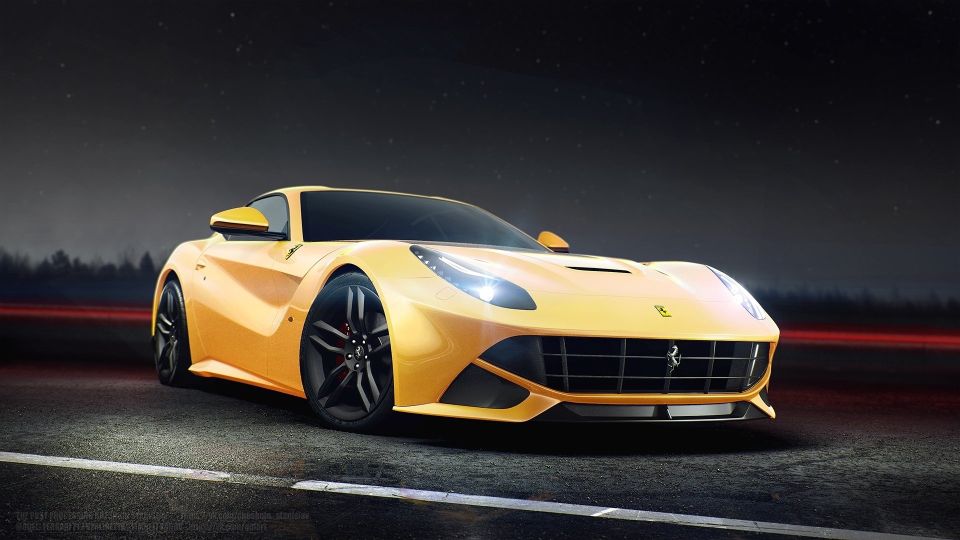 ferrari f12 berlinetta delantero amarillo nigth luz carretera