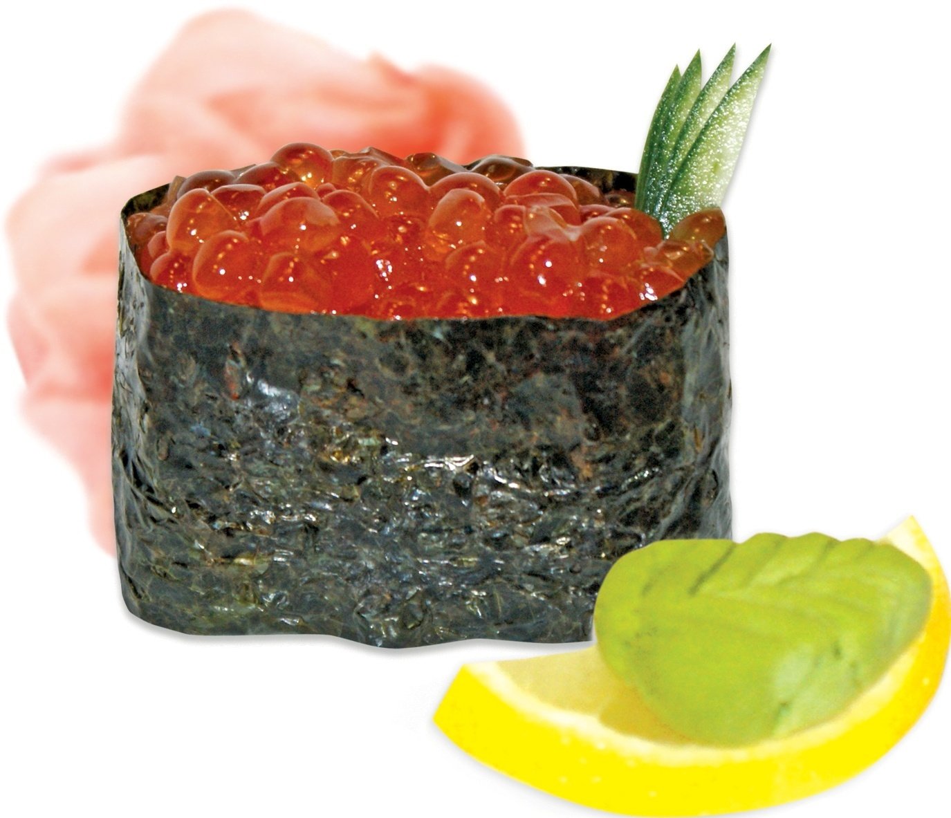 nourriture sushi caviar rouge caviar verts macro fond blanc