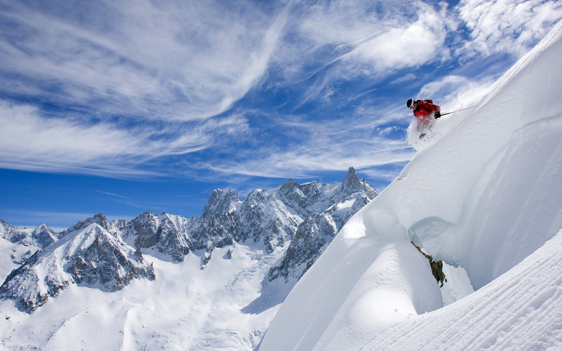 kiing mountains clouds snow the sky skier winter tops the descent ski extreme ekstrimal rocks danger