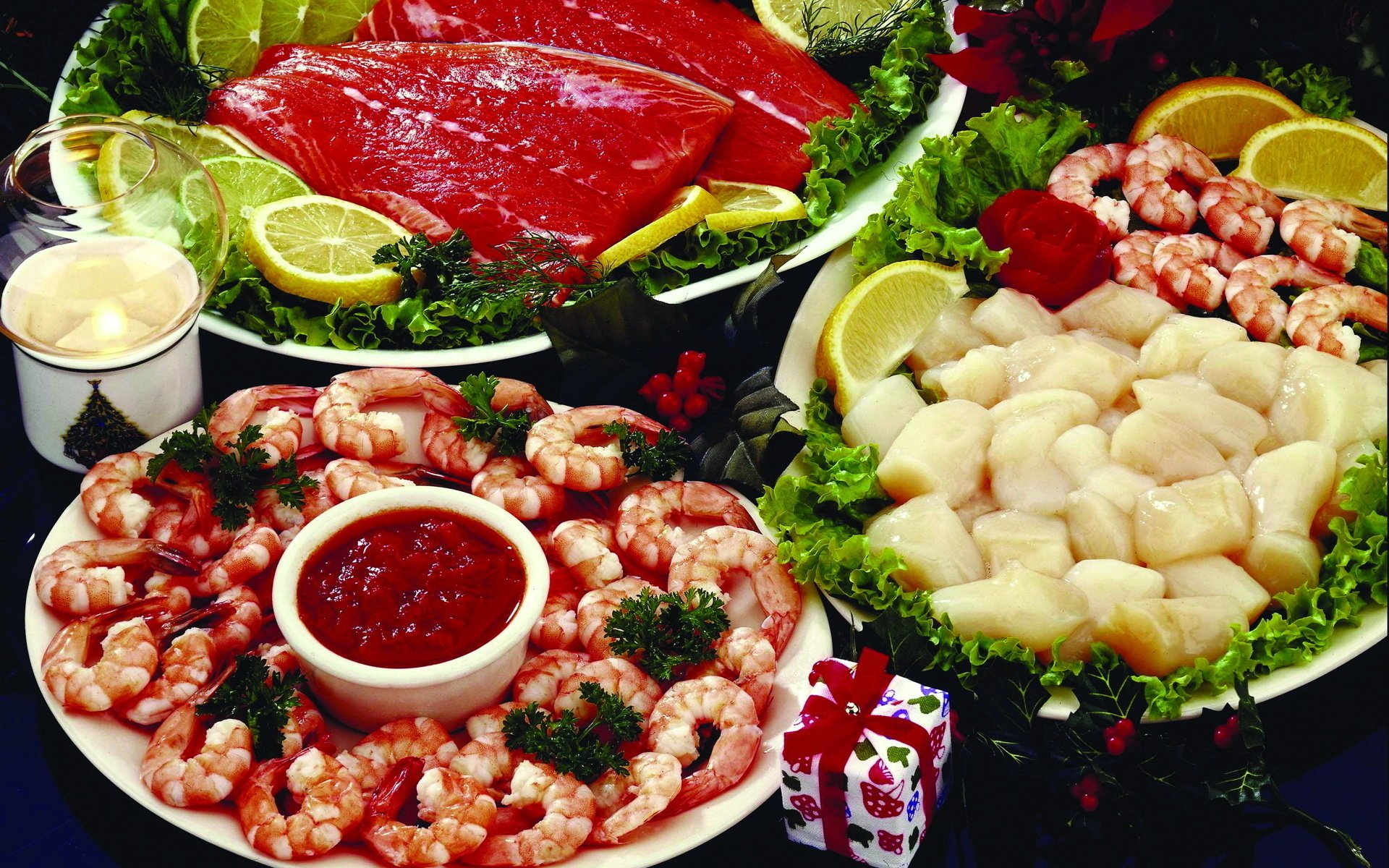 yummy food shrimp seafood sauce gift meals meat cutting lemon greens lettuce dinner