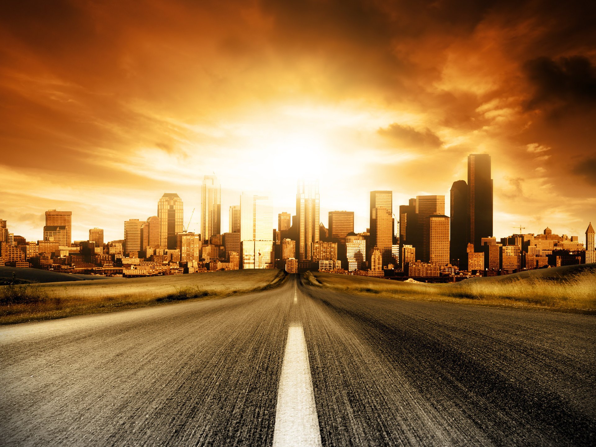 carretera velocidad puesta de sol ciudad fondo cálido sol cielo nubes rascacielos noche calma asfalto marcado