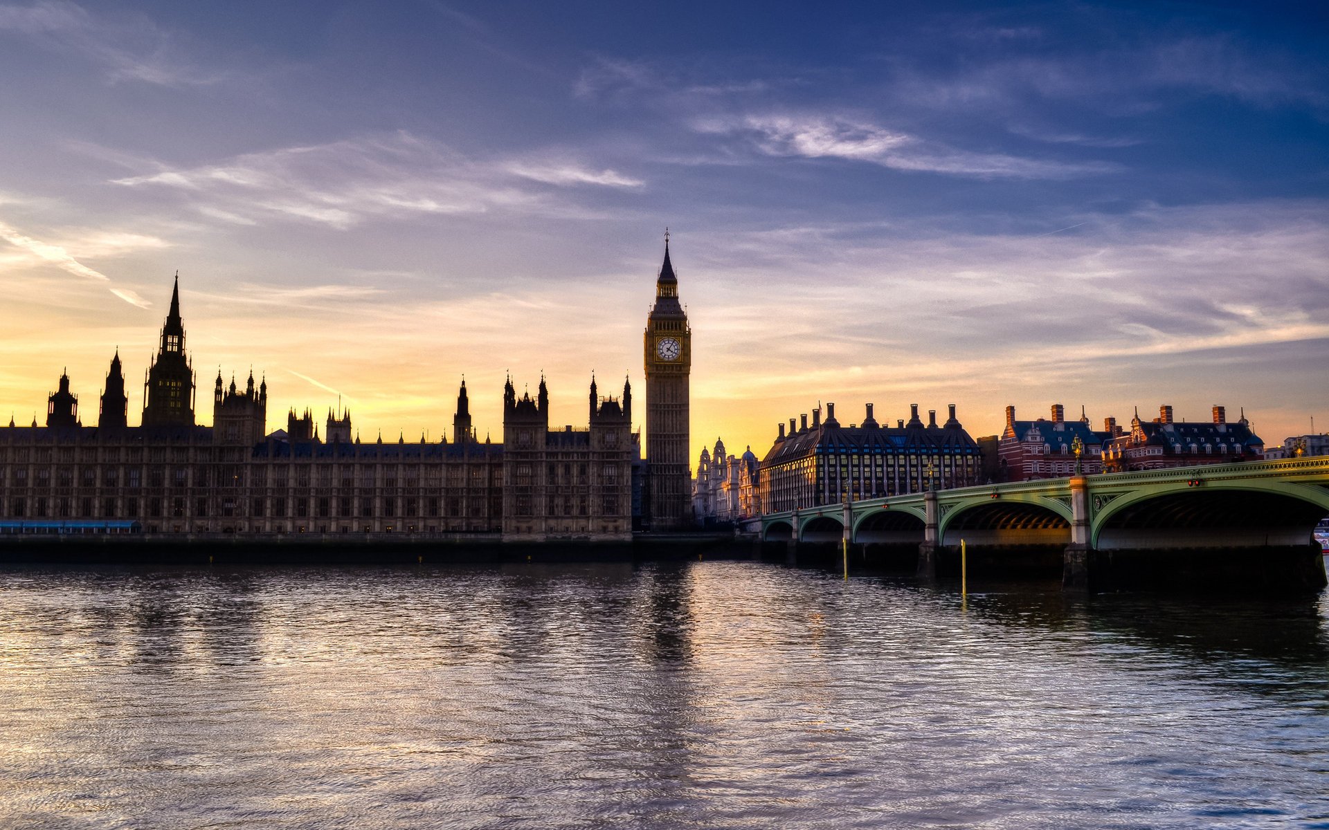 london big ben london bridge photo water river sunset sky clouds cities night bridges evening