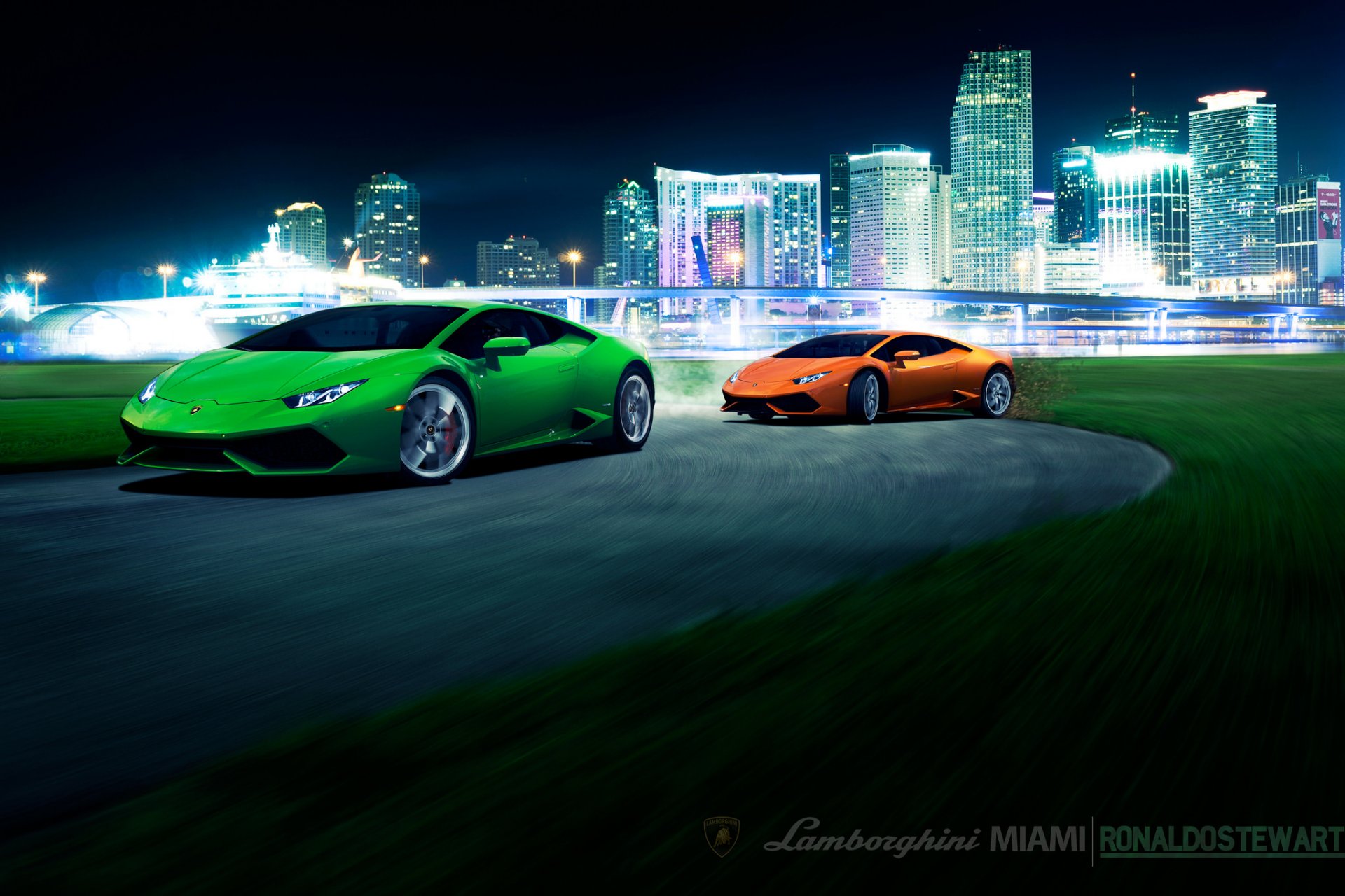 lamborghini huracan lp 610-4 lb724 zielony pomarańczowy przód brige city bridge speed turn