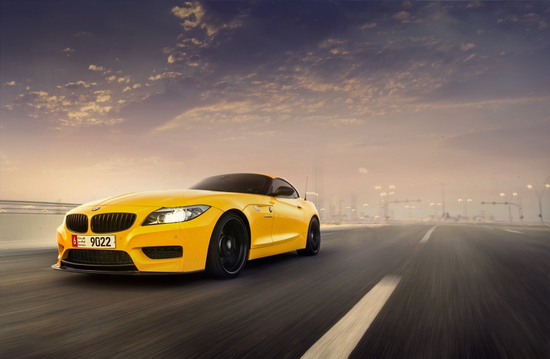 bmw z4 giallo auto tramonto velocità anteriore