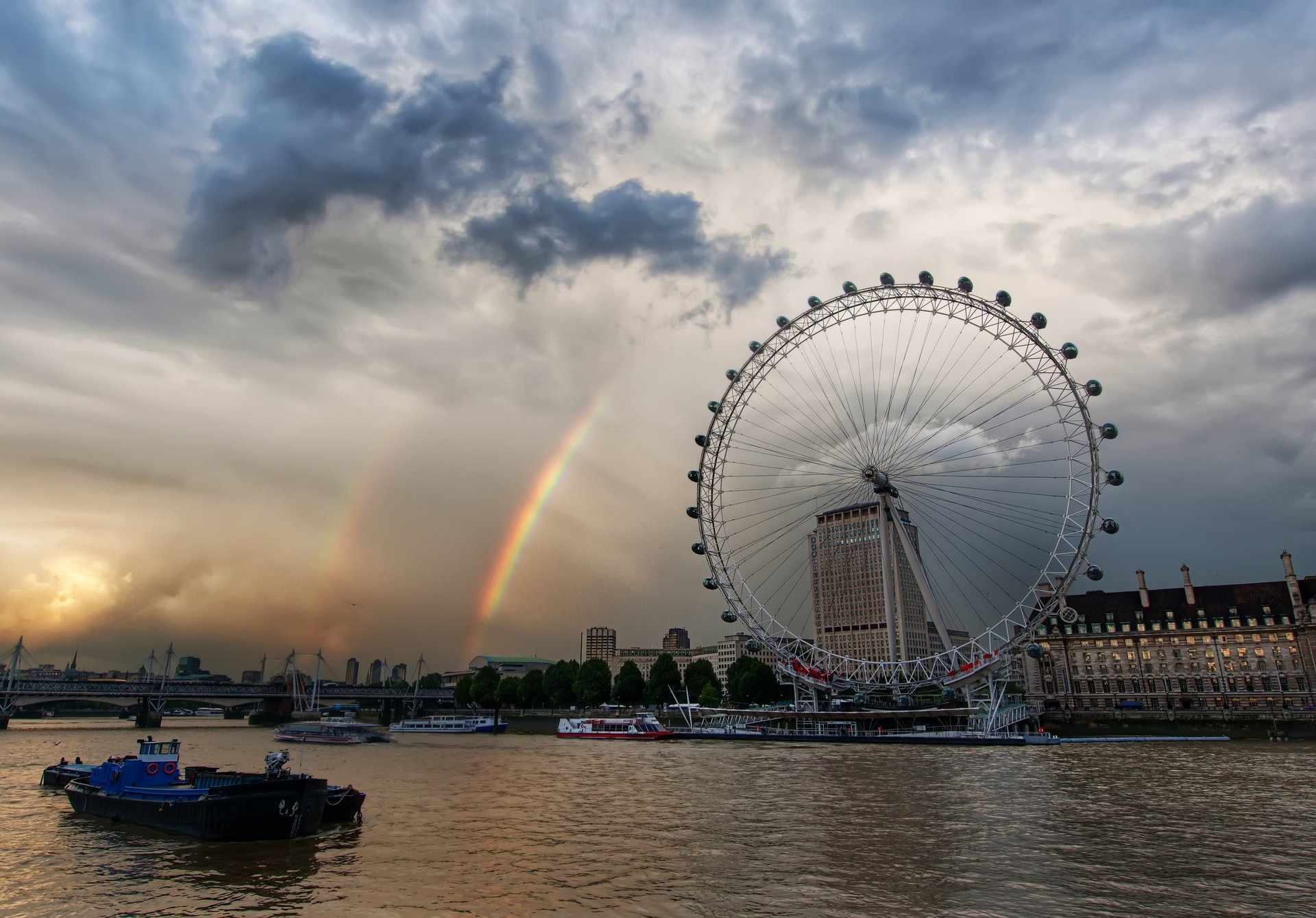 london-ai regenbogen themse london karussell england boote bewölkt wolken brücke fluss häuser himmel städte