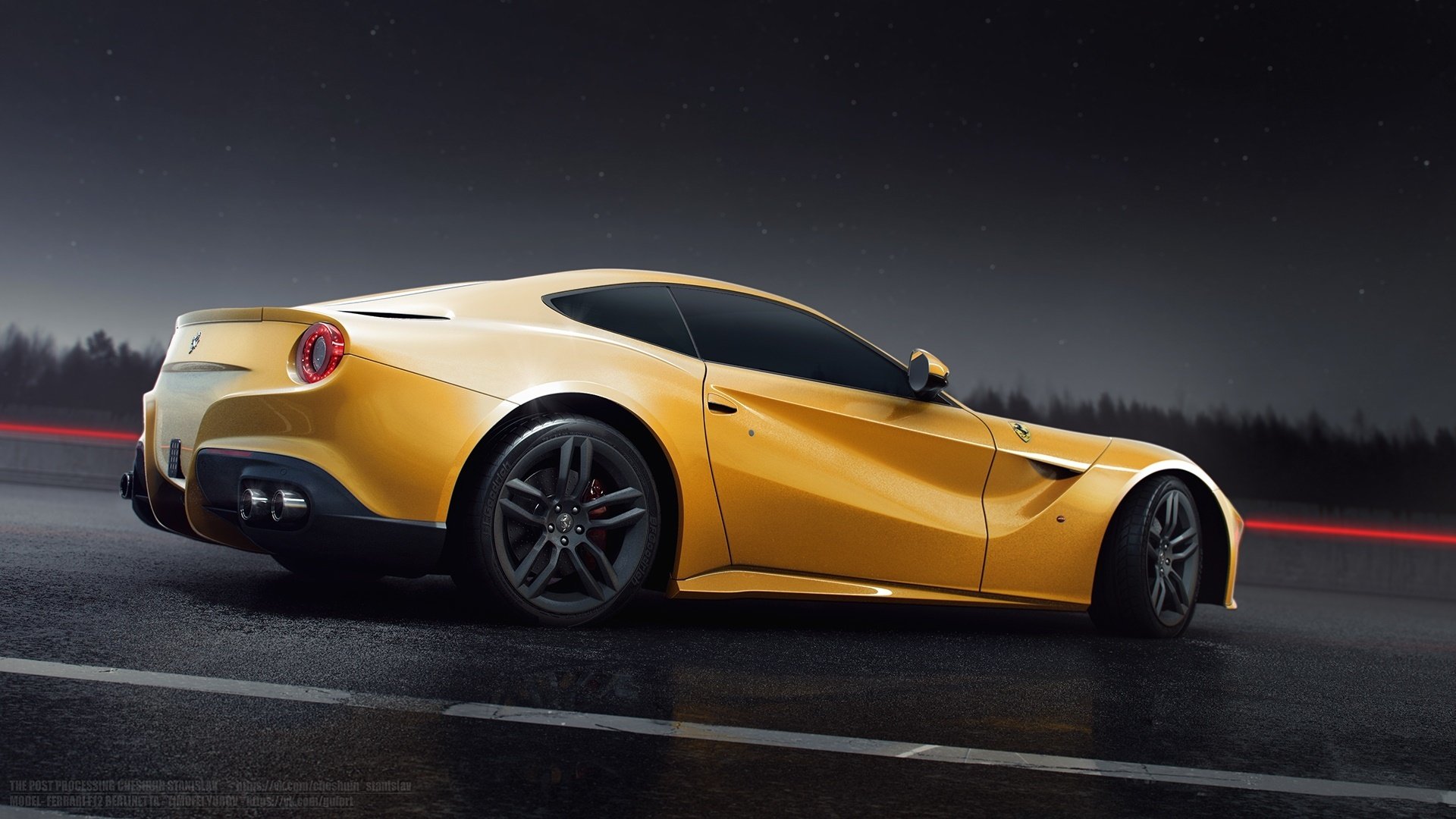 ferrari f12 berlinetta tył żółty słońce nigth droga deszcz