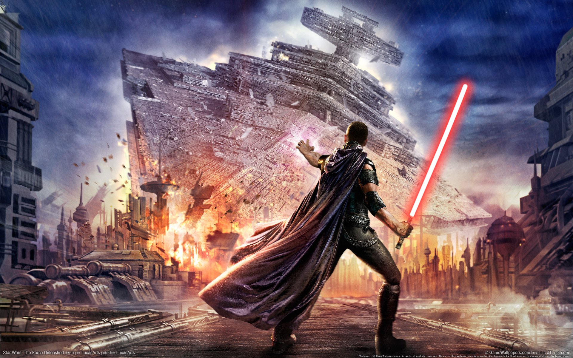 tar wars the force unleashed galen marek lucasarts star destroyer force force star wars warrior sword explosion ship destruction grayness clouds movie