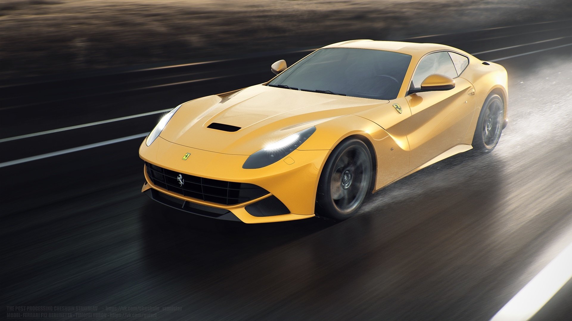 ferrari f12 berlinetta front yellow sun speed road rain