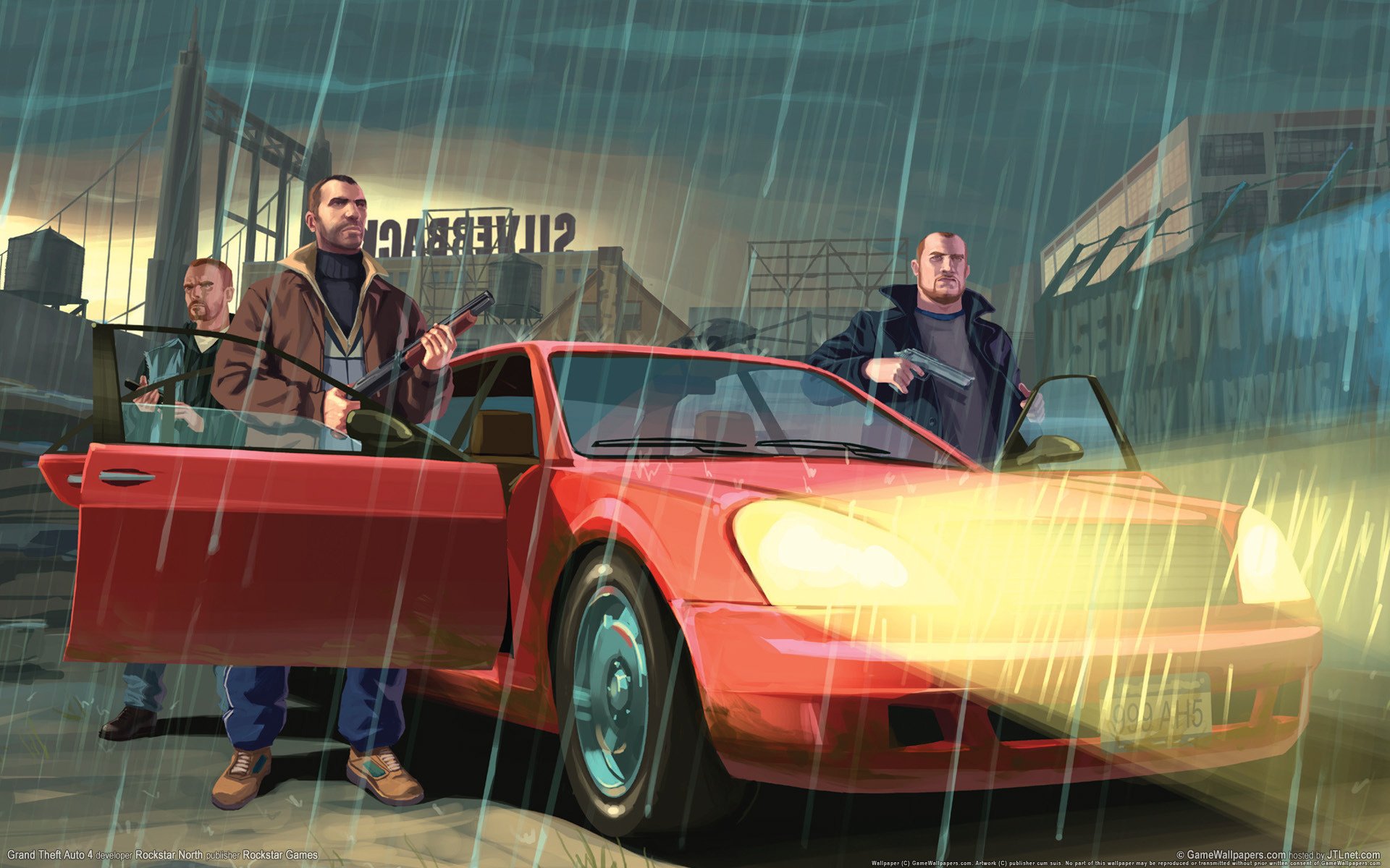 desmontaje niko bellic gta iv chicos auto coche rojo lluvia armas pandilla construcción faros luz dibujos automóviles automóviles vehículos coches anime vehículos