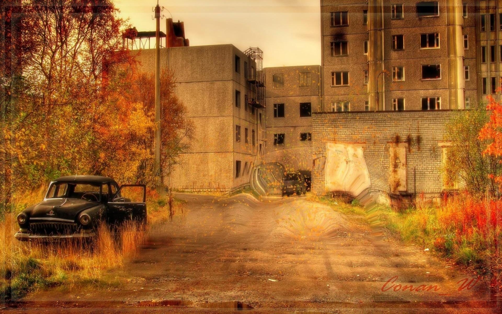 pripyat ghost town deserted autumn the city auto volga home road blur post mediocrity drawings anime