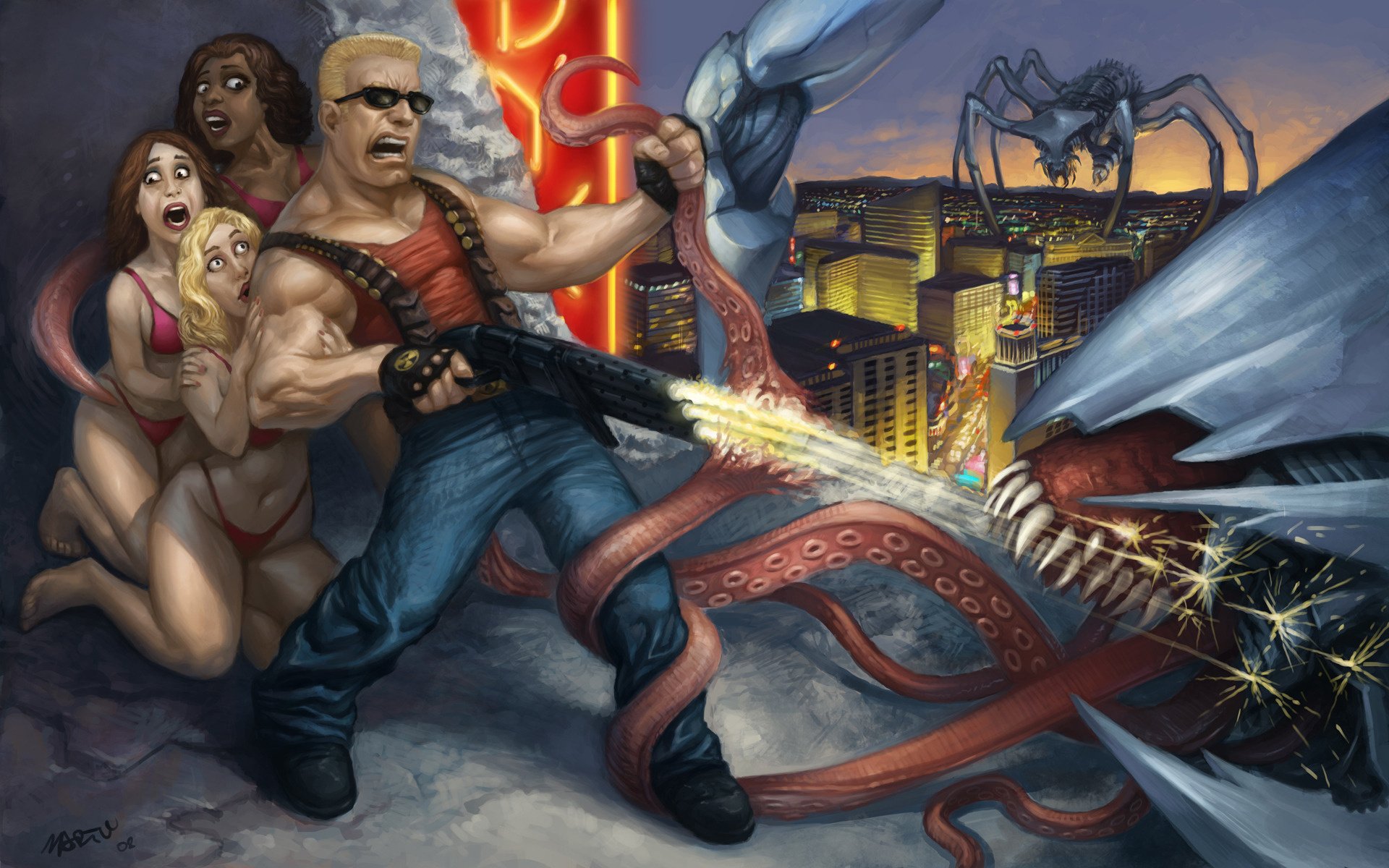 drawn duke saviour duke nukem drawing forever spider octopus girls city spider octopus girls fear horror teeth struggle roofs of houses guy glasses monster