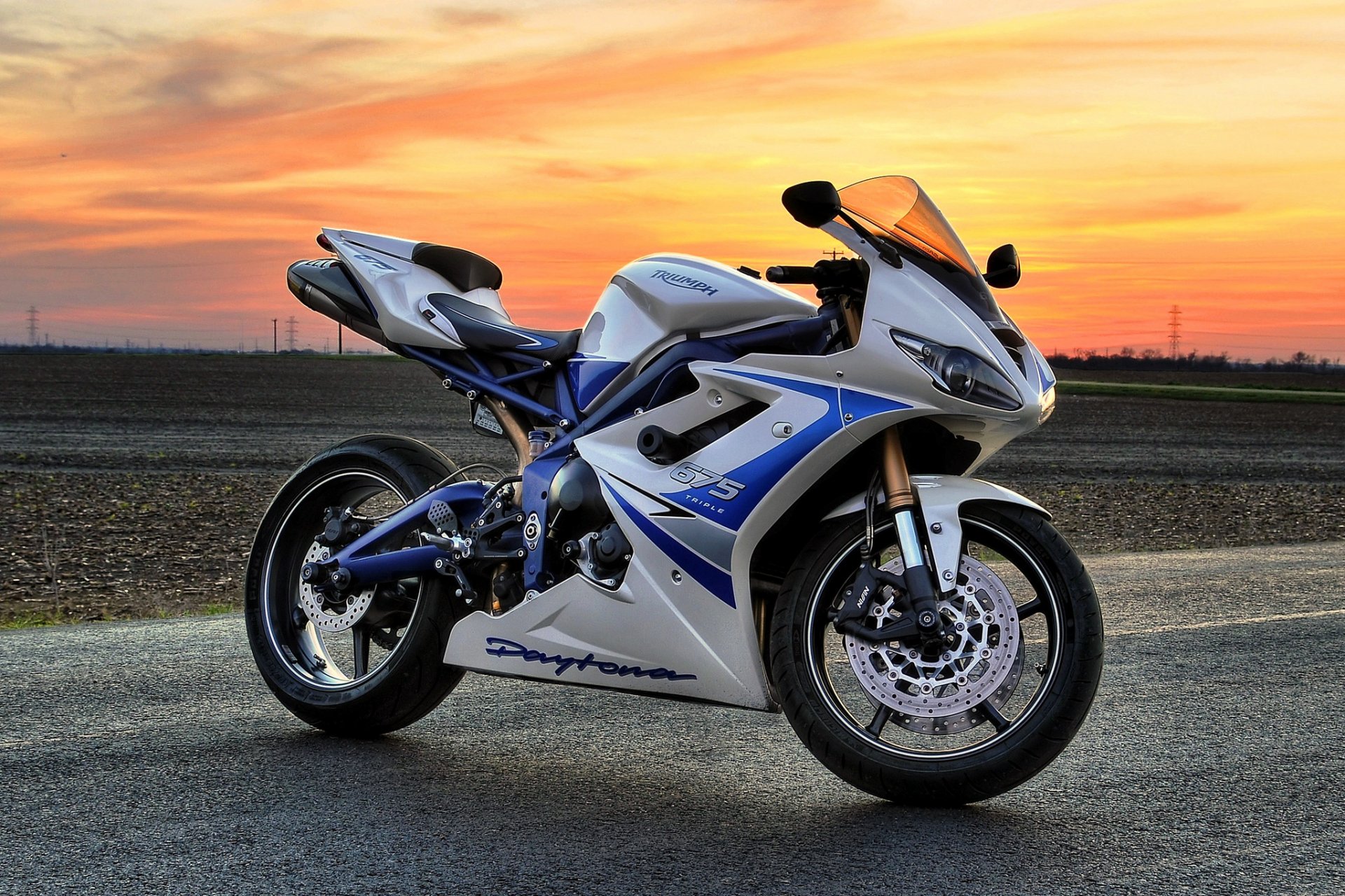 triumph daytona 675 white bicycle sunset daytona motorcycle