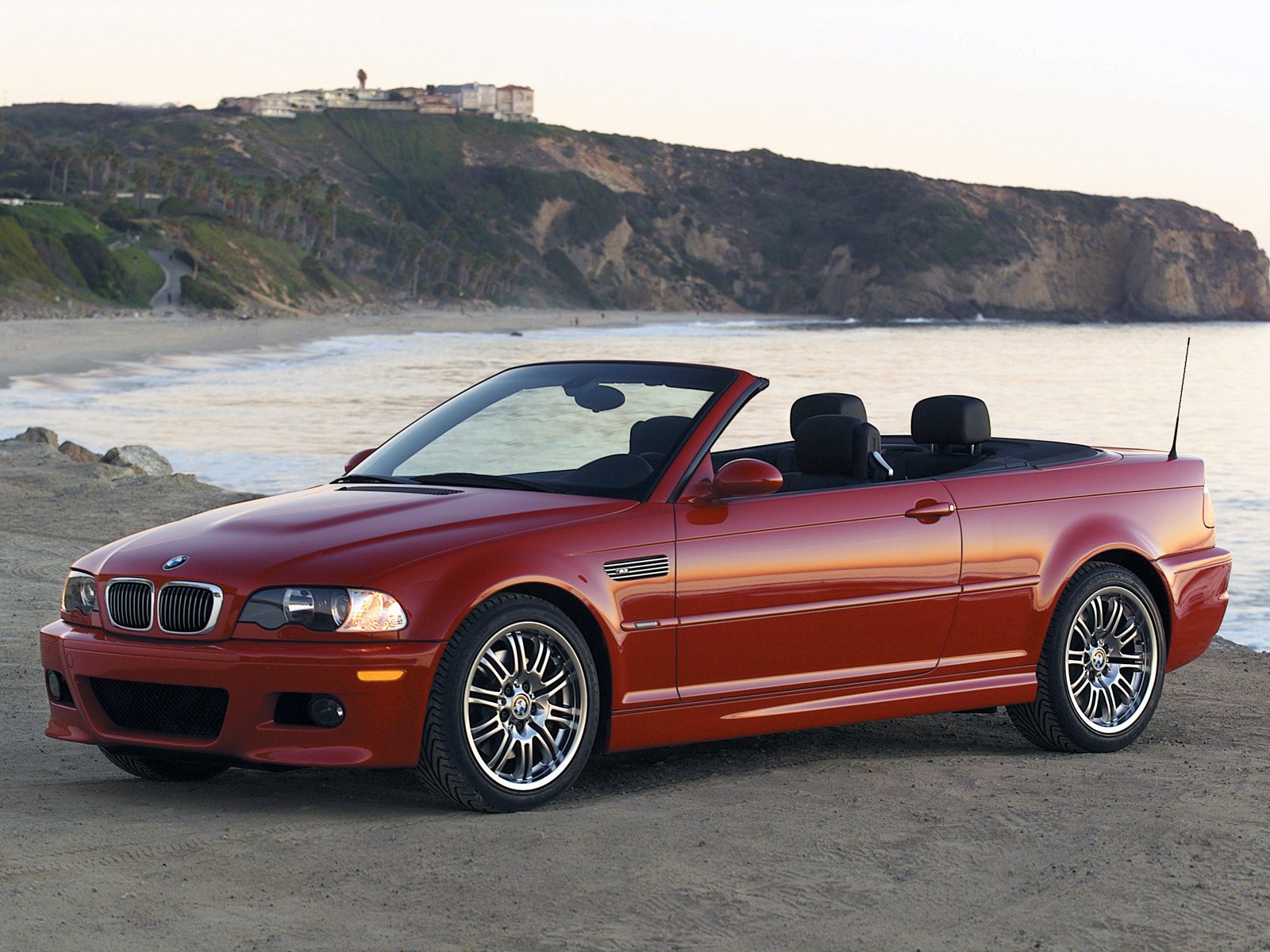 bmw e46 m3 3 series bmw troika coupe red sports car cabrio roadster red car sea coast mountains convertible headlights profile car passenger cars cars auto motor transport