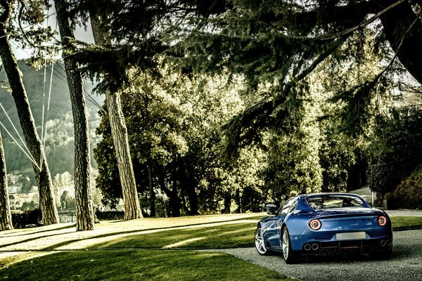 A 2015 Ferrari is parked in the woods