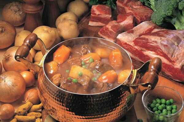 Pot with stew of meat and vegetables